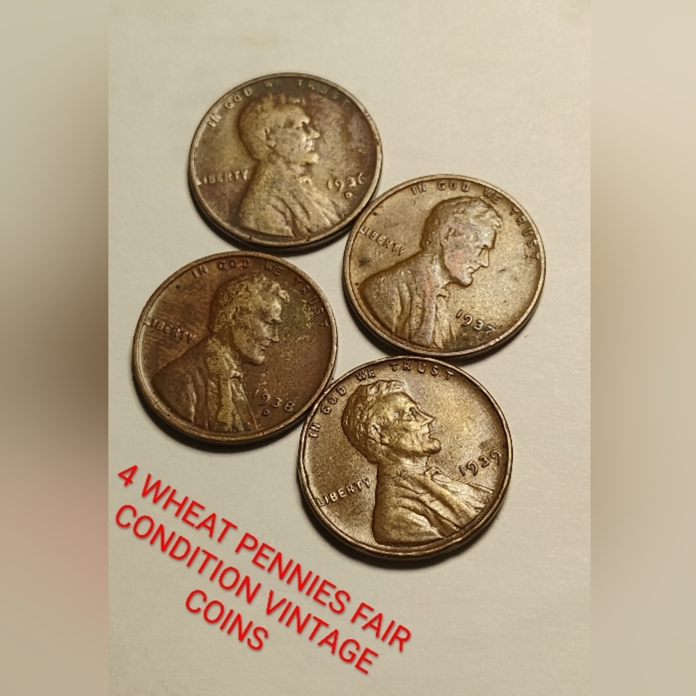 ✅❤️4 Vintage Wheat Pennies 1936/37/37/39 Average Circulated Fair Condition